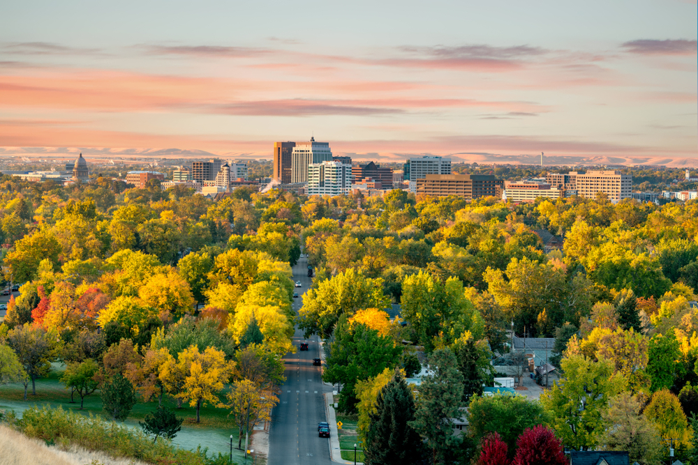 fall colors in Boise, Idaho city skyline view